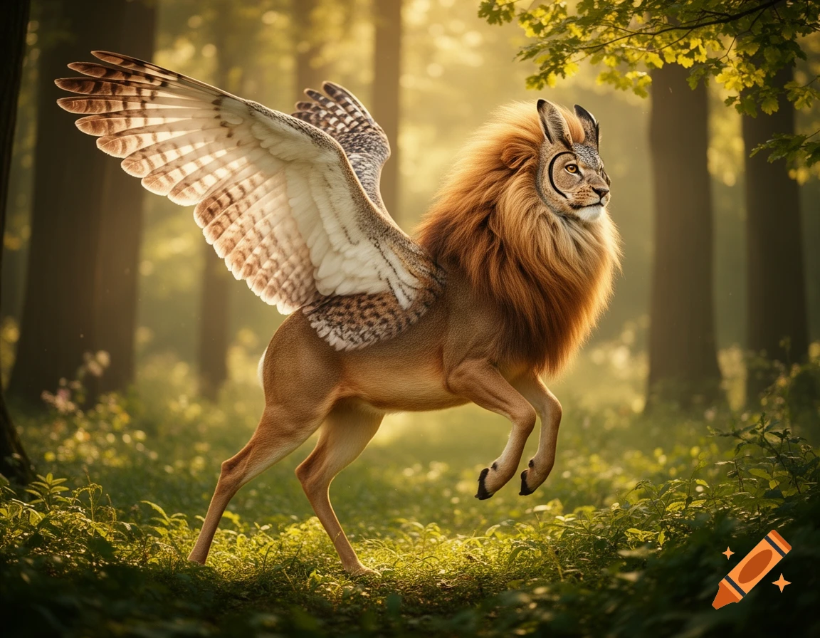A majestic mythical creature, a combination of a lion, deer, rabbit, and owl, with large feathered wings, leaps in a sun-dappled forest.