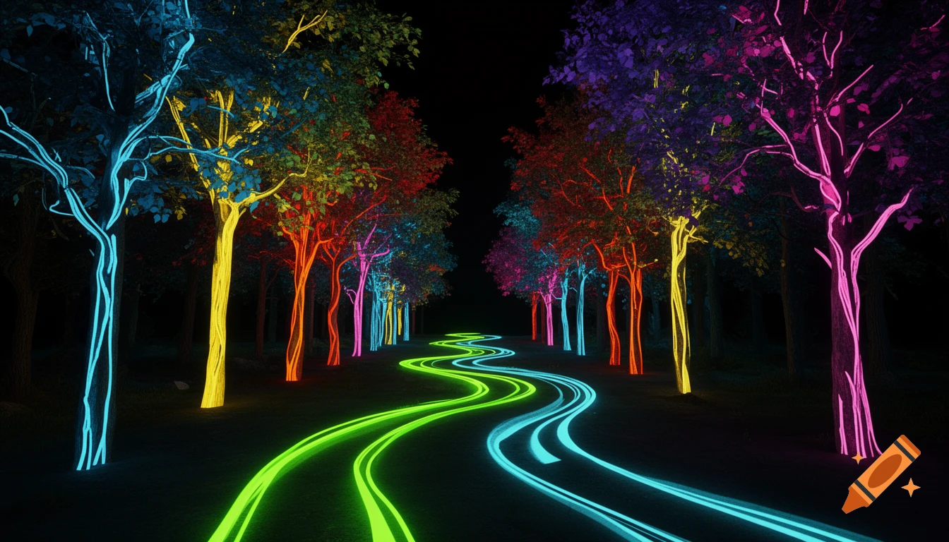A winding path glows green and blue through a dark forest with trees glowing in various neon colors.
