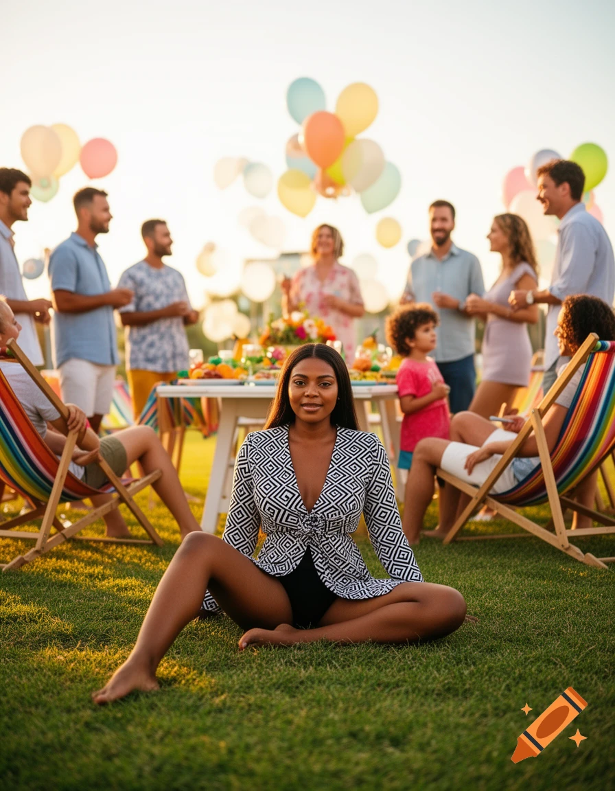 A woman in a black and white patterned outfit sits on green grass at an outdoor family party with people and balloons in the background.