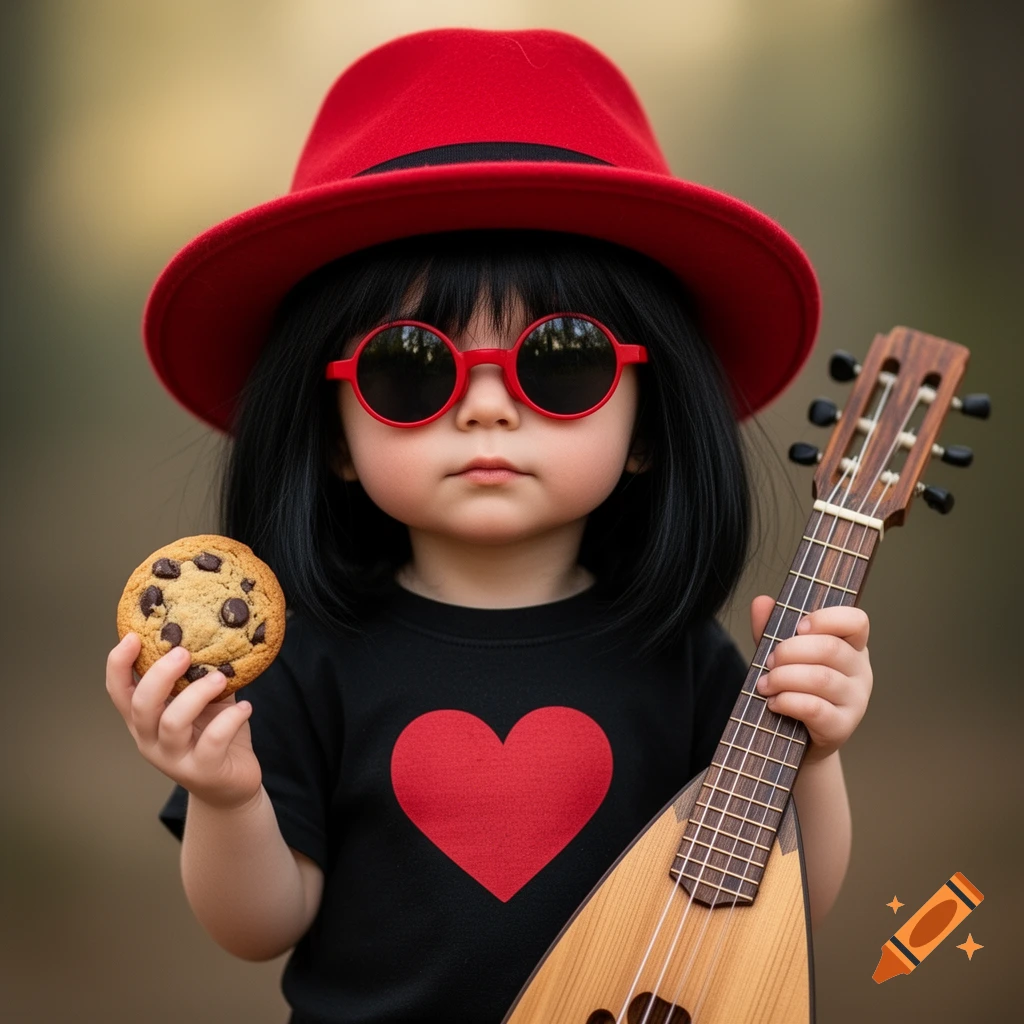 A child in a red fedora and sunglasses holds a chocolate chip cookie and a lute, against a blurry background.