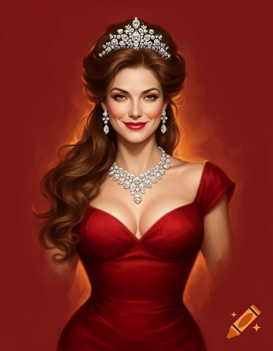 A painterly digital portrait of an elegant woman with long brown hair, a diamond tiara, necklace, and earrings, wearing a glamorous red gown.