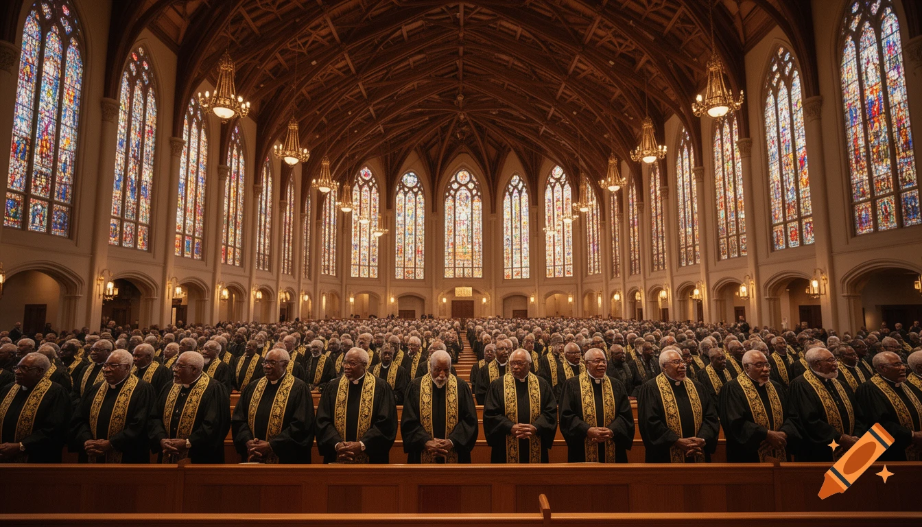 A vast gathering of old black clergy members in black and gold robes inside a grand church with stained glass windows and chandeliers.