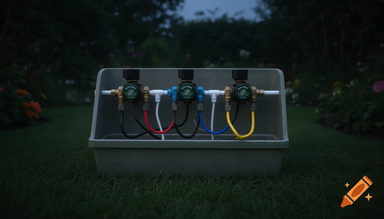 Three Rain-Bird irrigation valves with red, blue, and yellow wiring connections in a gray box on green grass at dusk.
