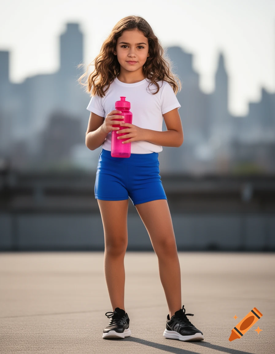 A young girl in a white t-shirt and blue shorts holds a pink water bottle, standing outdoors with a city skyline behind her.