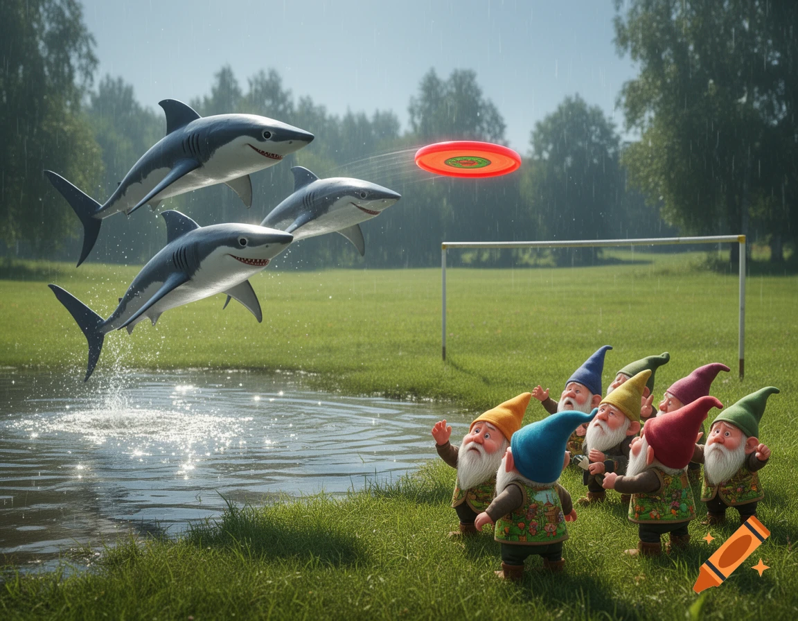 Three sharks jump from a pond to catch a red frisbee over a grassy field, scoring on a group of sad gnomes next to a soccer goal.