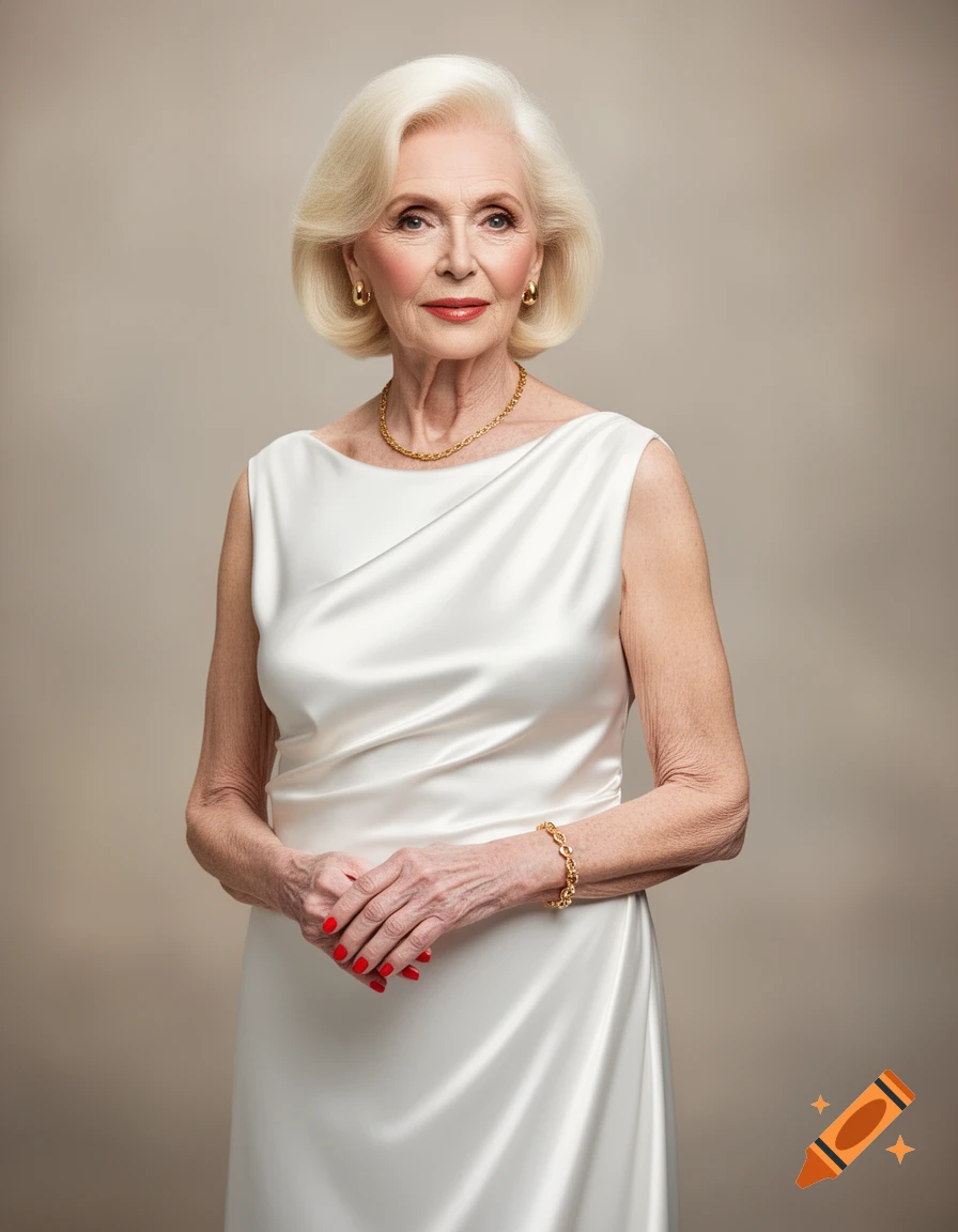 Elegant elderly woman with blonde hair, wearing a white satin dress, gold jewelry, and red nail polish.