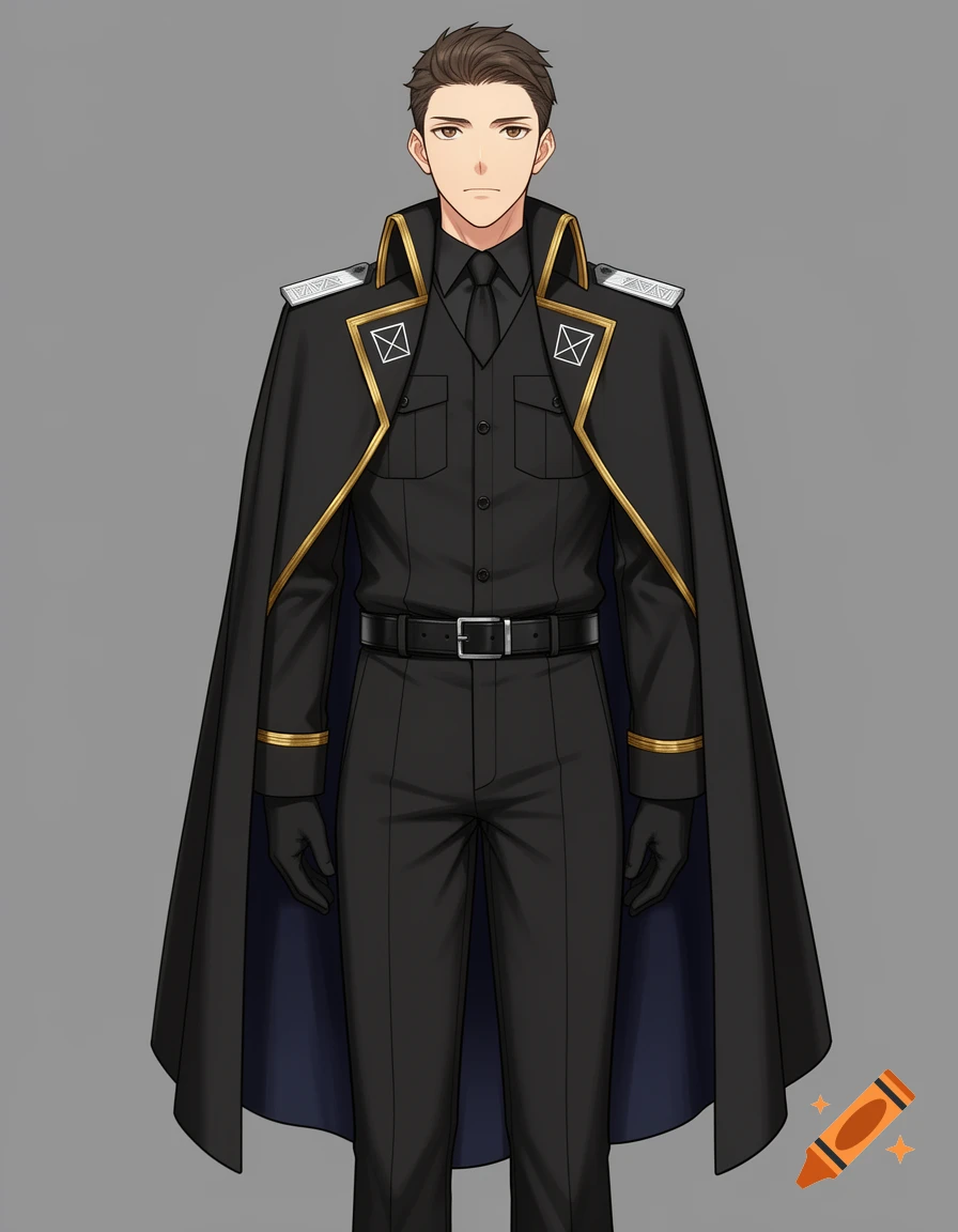 A 2D anime style male character in a black military uniform with a cape, gold trim, and silver epaulets on a gray background.