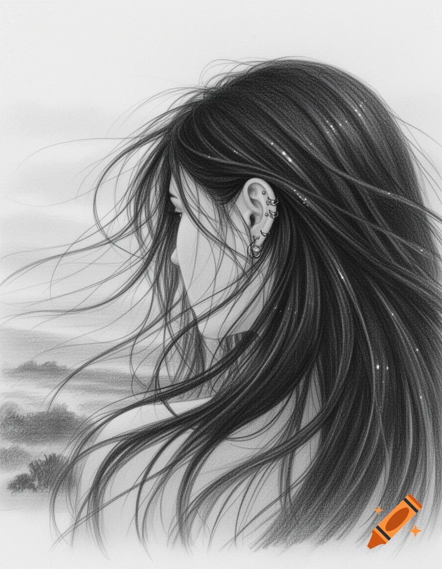 A black and white pencil drawing of a woman in profile with long dark hair blowing in the wind, obscuring her face, and an ear with piercings visible.