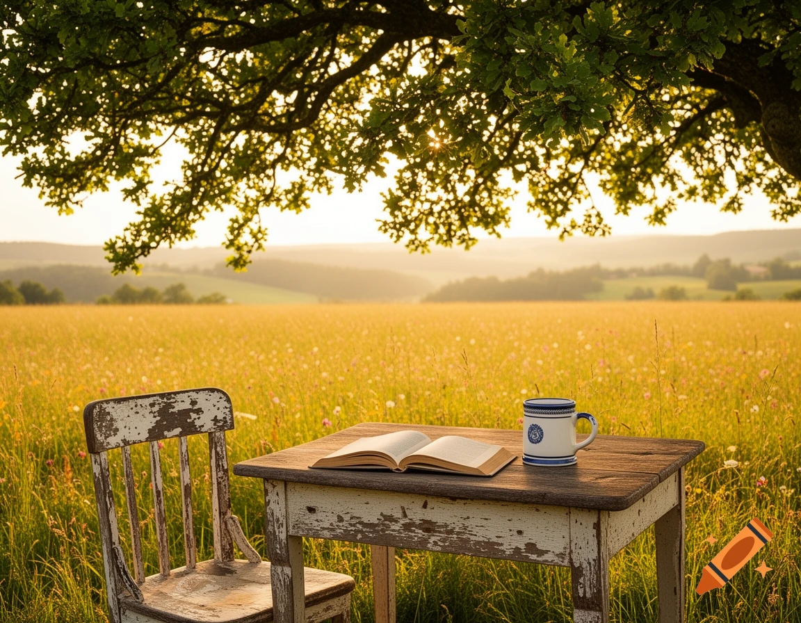 An old wooden table with an open book and a mug next to a distressed chair in a sunlit golden field under a tree.