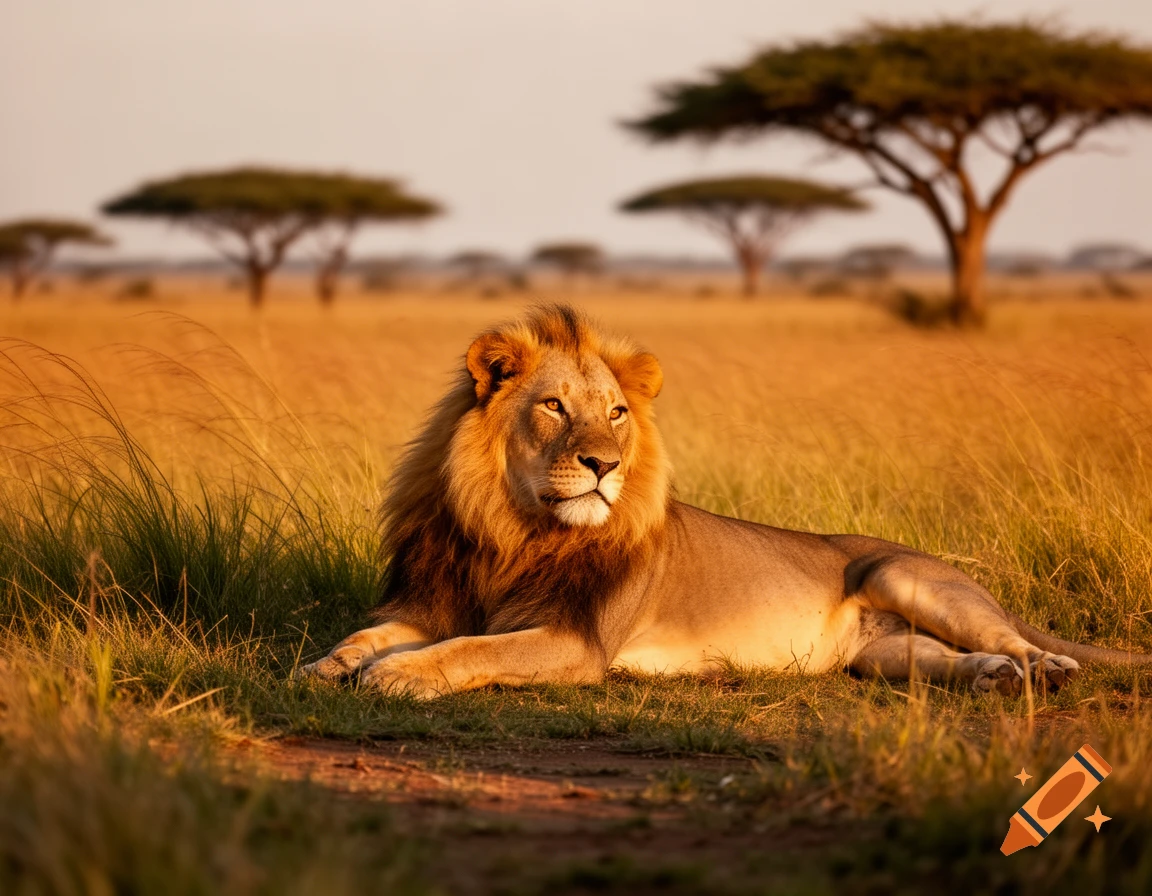 A majestic African lion with a golden mane rests in tall dry grass at sunset in a savanna with acacia trees.