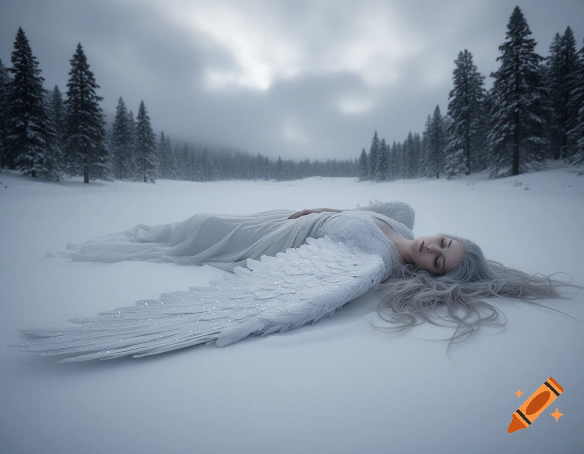 A white-haired angel with large, glittery wings lies in a snowy field with pine trees under a cloudy sky.