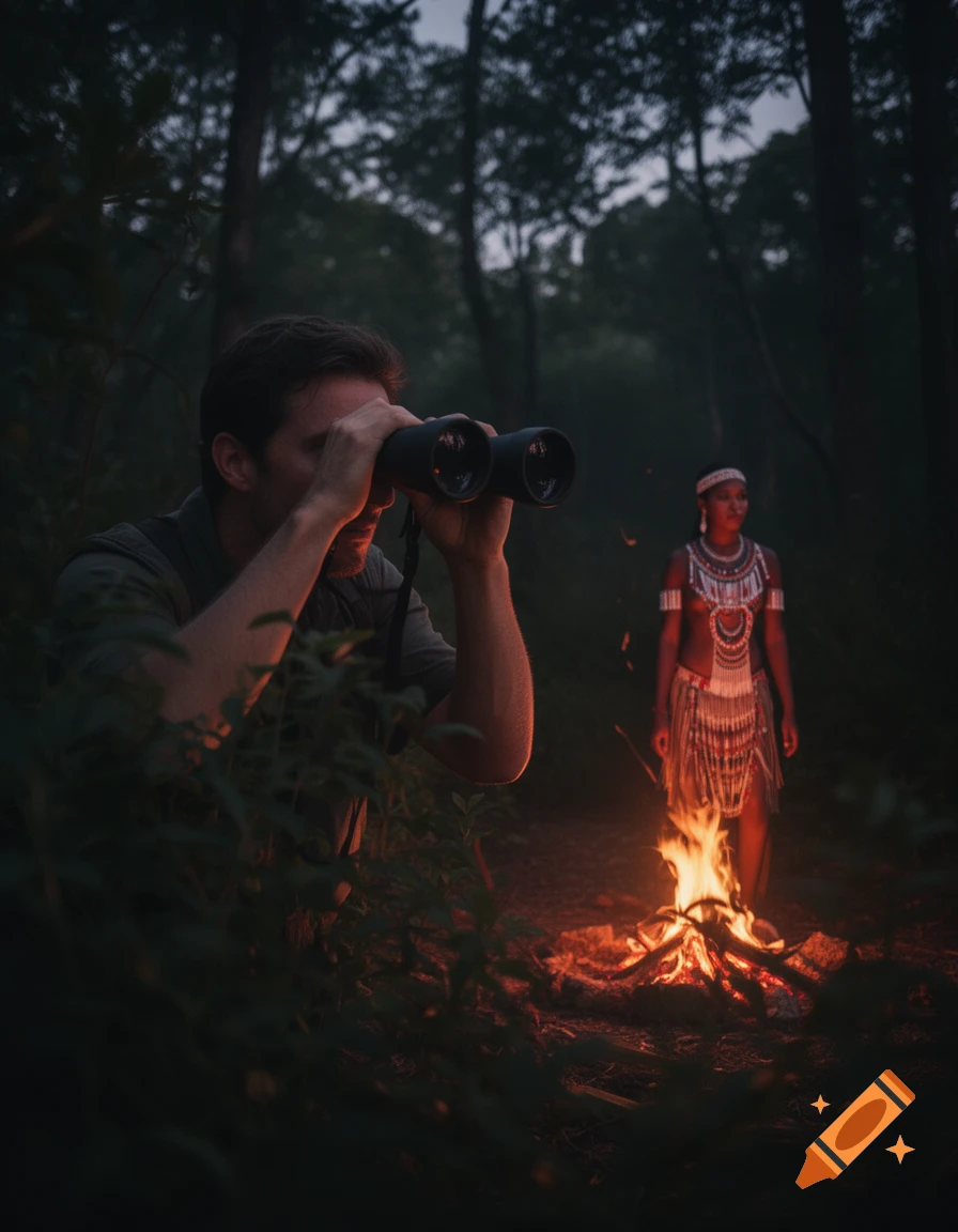 A man in a dark forest looks through binoculars at a woman in traditional attire by a campfire at dusk.