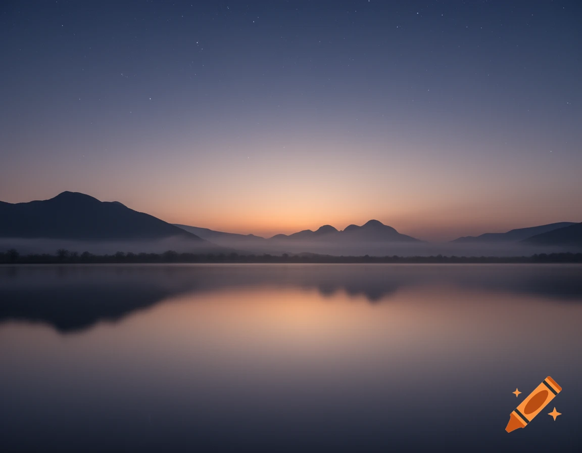 A serene landscape at twilight with mountains reflecting in a still lake under a starry, gradient sky.