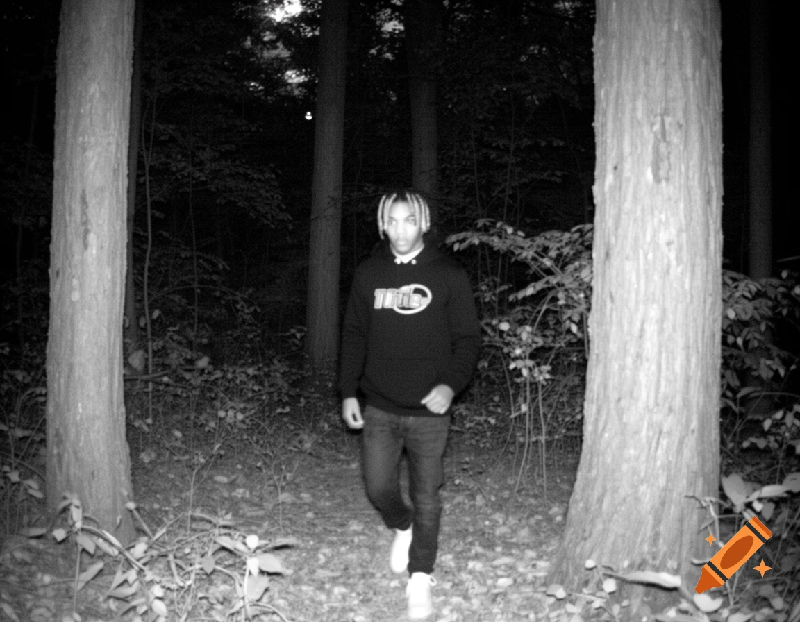 A young man with braided hair walks through a dark, black and white forest at night, captured by a trail camera.