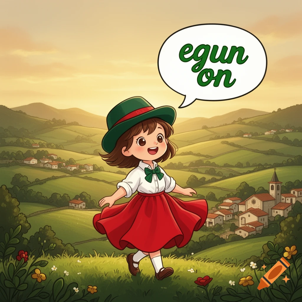 A happy cartoon girl in a red skirt and green hat walks through a sunny green landscape with a village, saying 'egun on'.