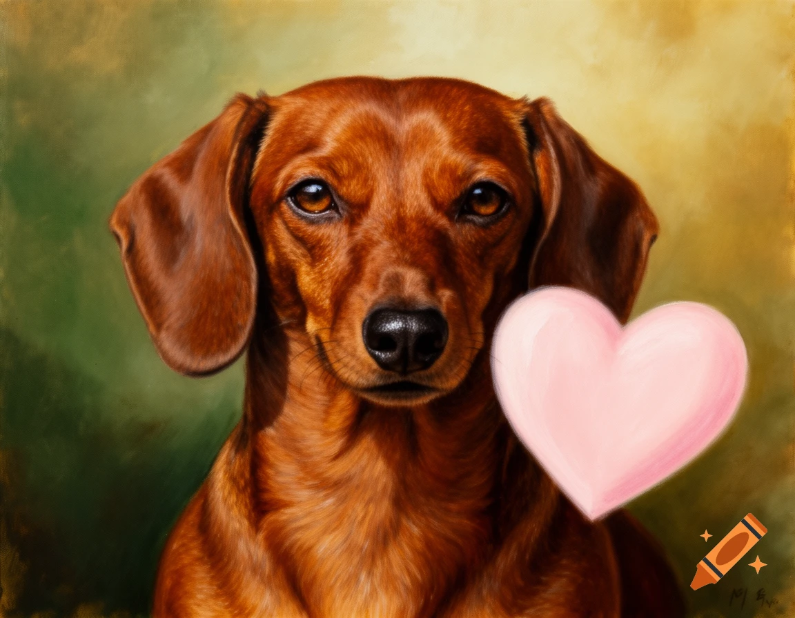 A realistic acrylic painting of a brown dachshund looking directly ahead, with a pale pink heart floating to its right.