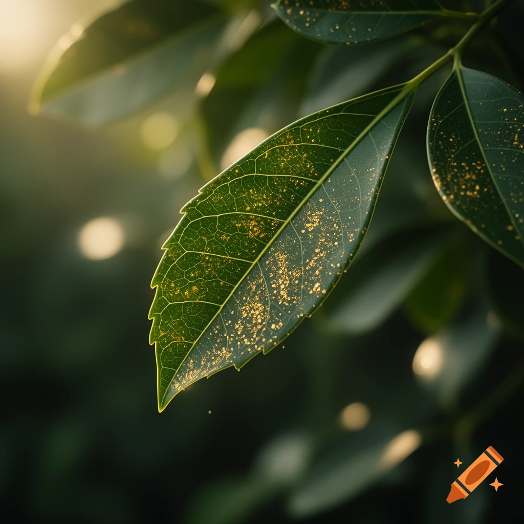 Close-up of a vibrant green leaf with intricate veins, covered in golden specks, illuminated by soft sunlight.