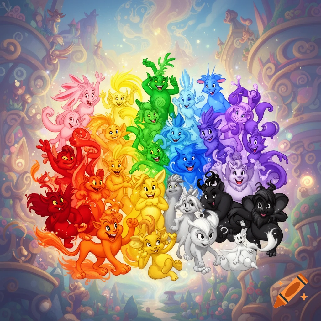 A vibrant group of cute, whimsical cartoon creatures in a rainbow of colors, from red to black and white, against a fantasy sky with floating castles.
