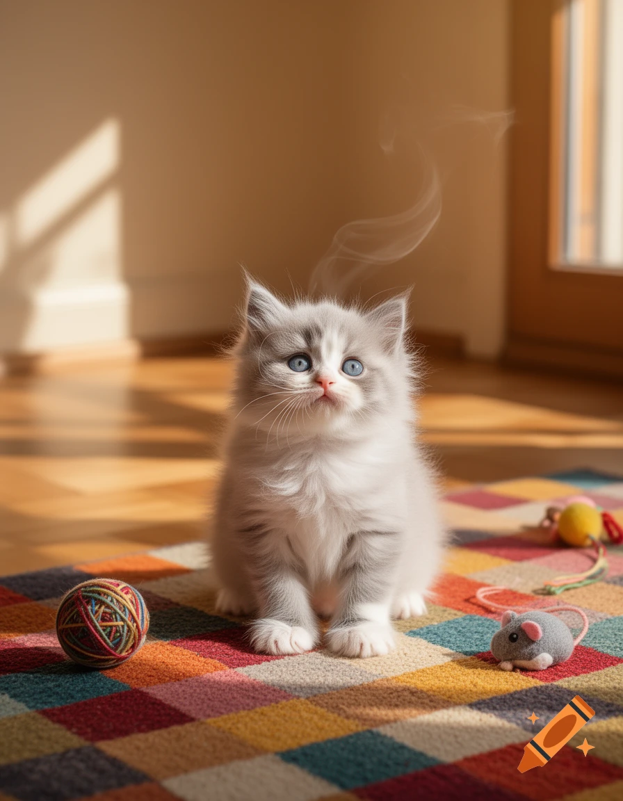 A fluffy grey and white kitten with blue eyes sits on a colorful patterned rug, looking up. A yarn ball and mouse toy are nearby.