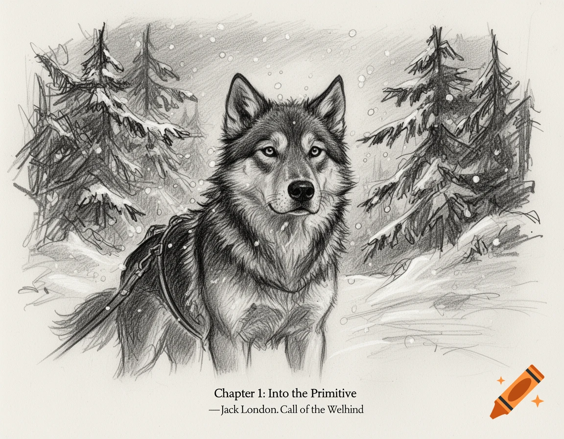 A pencil drawing of a wolf in a harness standing in a snowy forest with falling snow, an illustration for a book chapter.