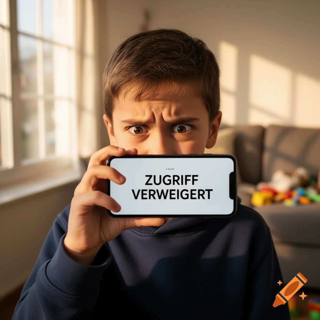 A boy with a worried expression holds up a smartphone displaying "ZUGRIFF VERWEIGERT" (Access Denied) in a brightly lit room.