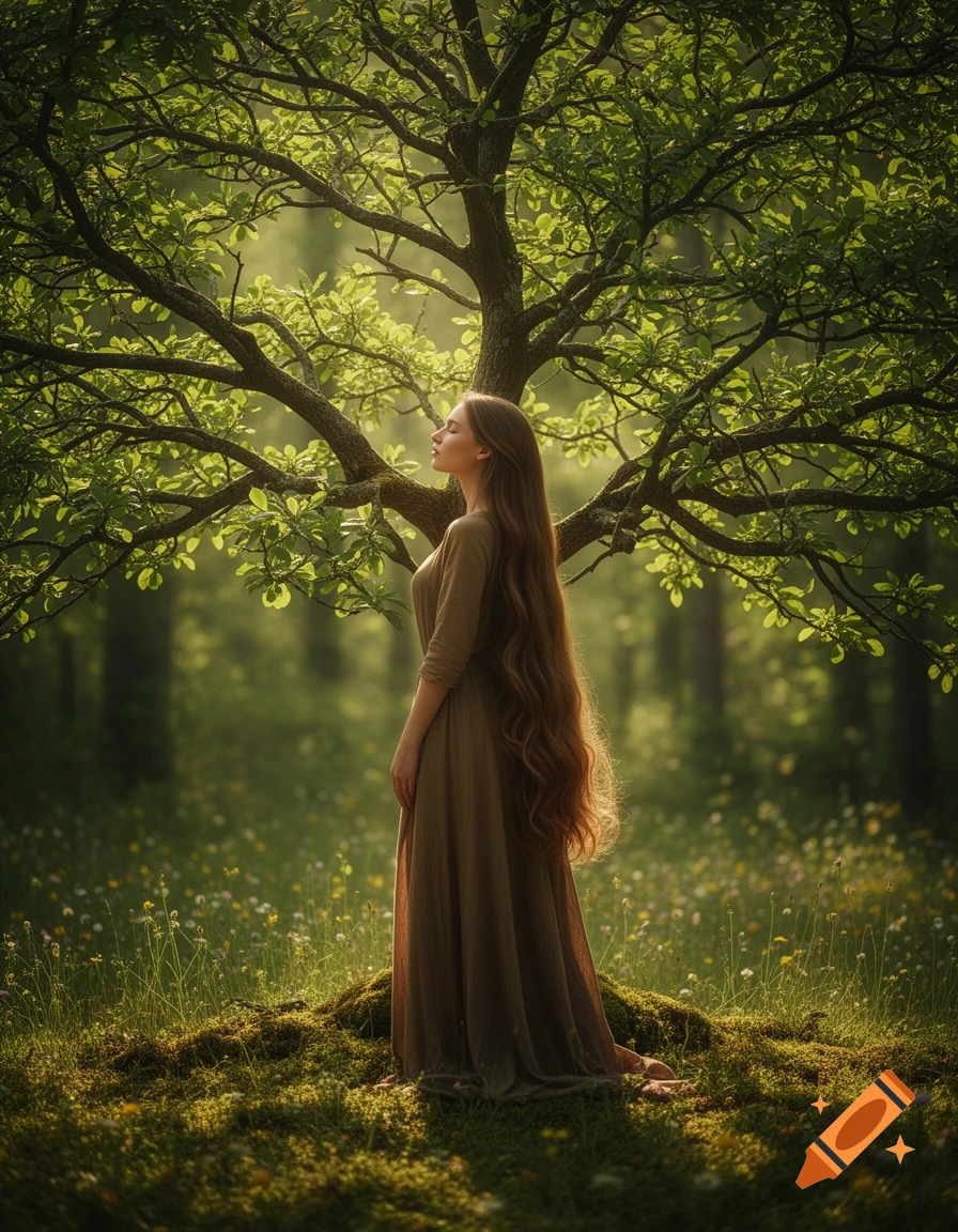 A woman with long flowing hair stands under a large leafy tree in a sunlit forest, surrounded by moss and wildflowers, in a photorealistic style.