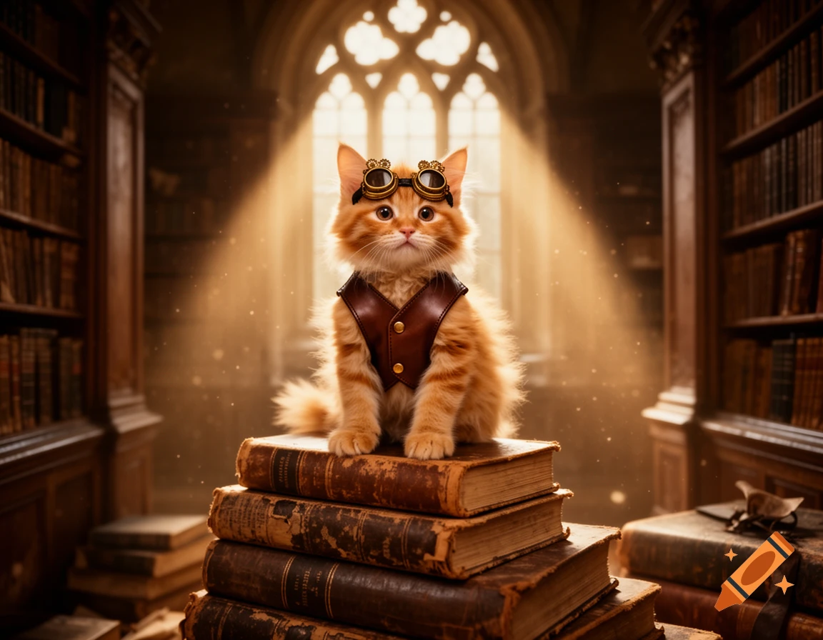 A photorealistic ginger cat in steampunk goggles and a leather vest sits on old books in a grand, sunlit Victorian library.