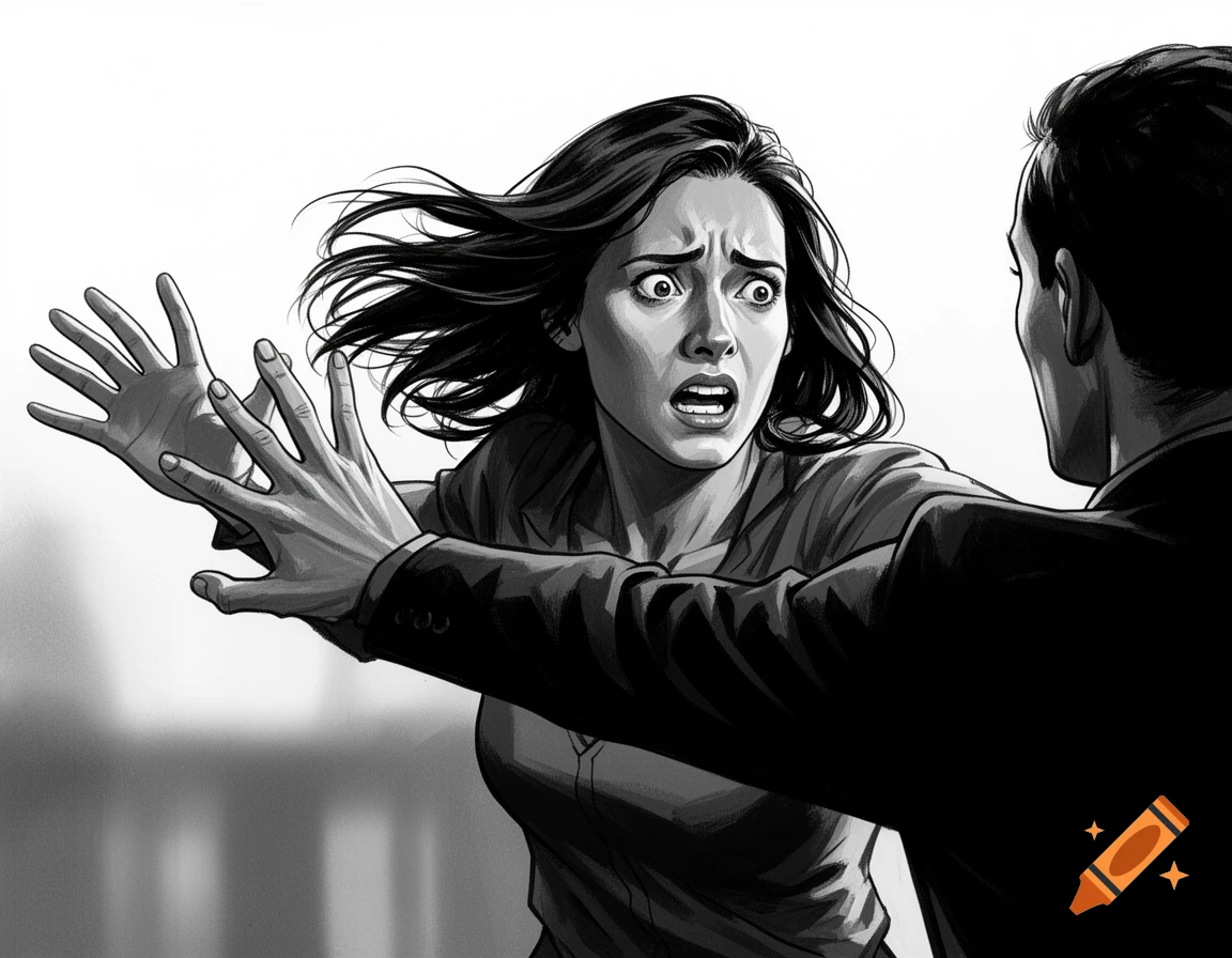 Black and white illustration of a terrified woman pushing away a man, her face contorted in fear.