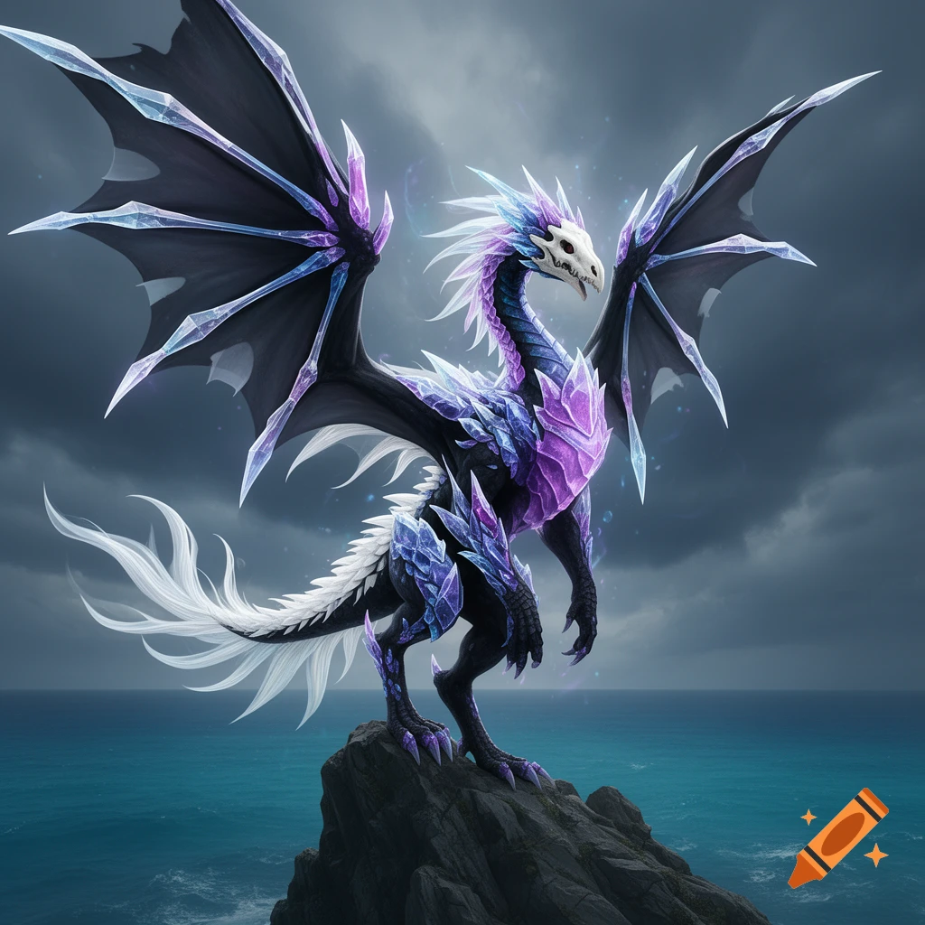A majestic black wyvern with purple and blue crystals, a white skull face, and feathery white tail stands on a cliff overlooking a stormy sea.