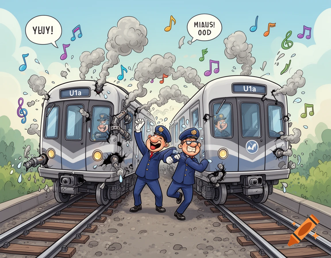 A humorous cartoon shows two subway trains on tracks. One broken train spews smoke and pipes, while two conductors cheer in front of them.