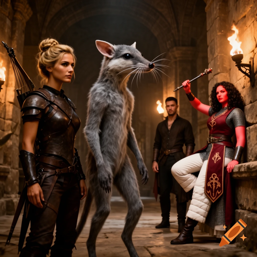 A fantasy scene with a blonde woman in leather armor, a gray furry rodent-like creature, and a red-skinned woman holding a scepter, in a torchlit stone dungeon.