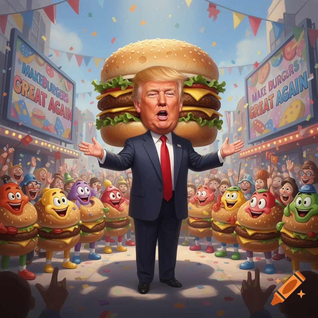 Cartoon Donald Trump with a giant burger on his head, wearing a suit, addressing cheering burger characters and 'MAKE BURGERS GREAT AGAIN' signs.