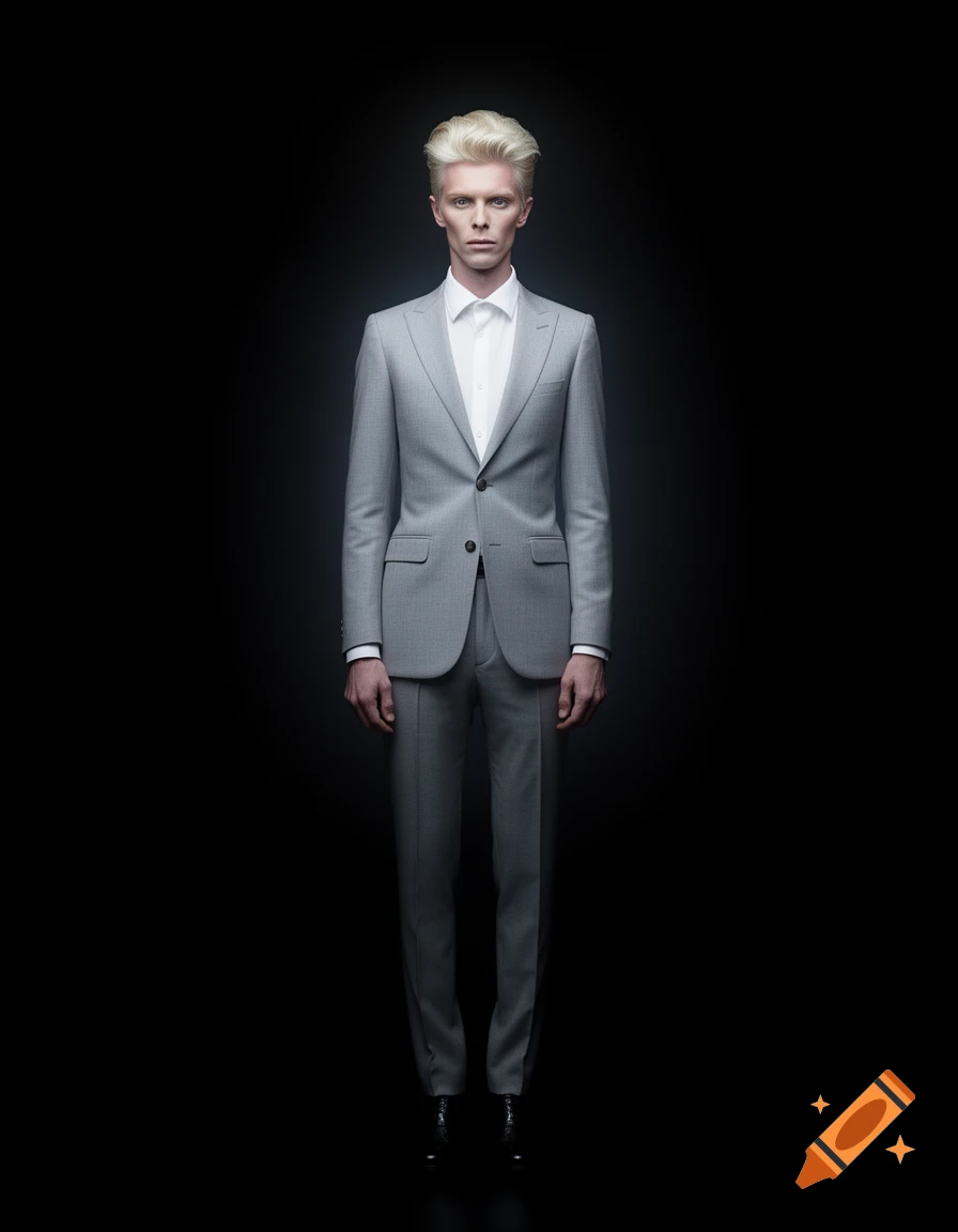 A very tall, thin man with blonde hair in a light grey suit and white shirt stands against a black background.