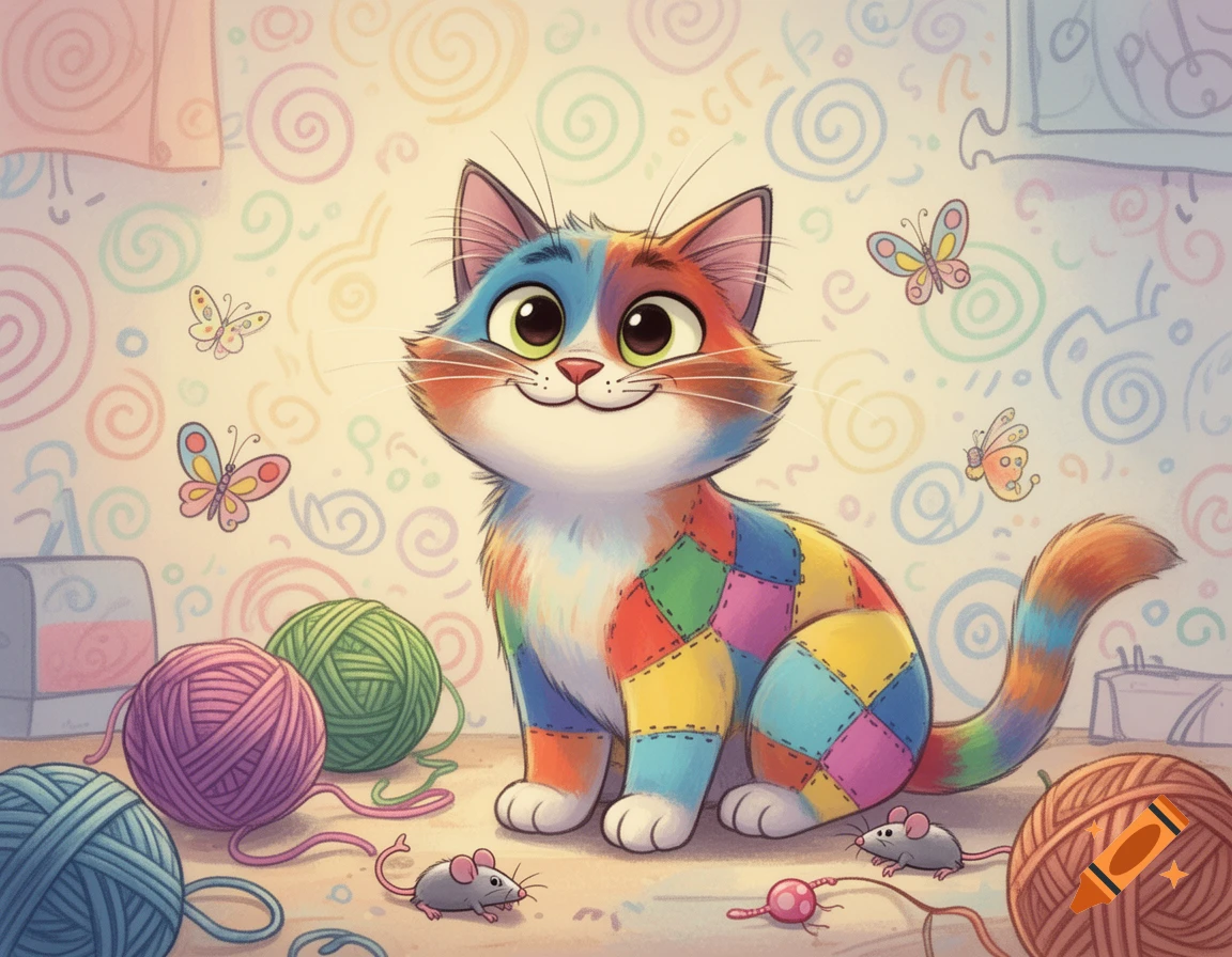 A smiling patchwork cartoon cat with large eyes sits among colorful yarn balls, toy mice, and butterflies.