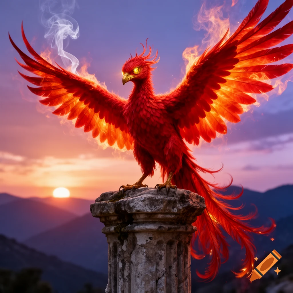 A vibrant red phoenix with wings spread, engulfed in fire, stands on a stone column at sunset over mountains.