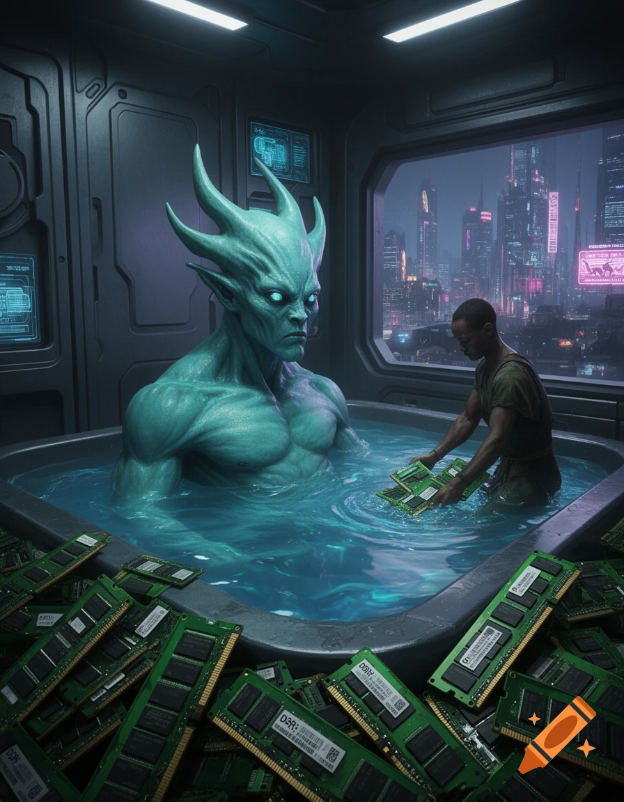 A teal-skinned alien with horns sits in a bathtub filled with water, surrounded by computer RAM sticks. A man replenishes the bath with more RAM. A futuristic city is visible outside a window.
