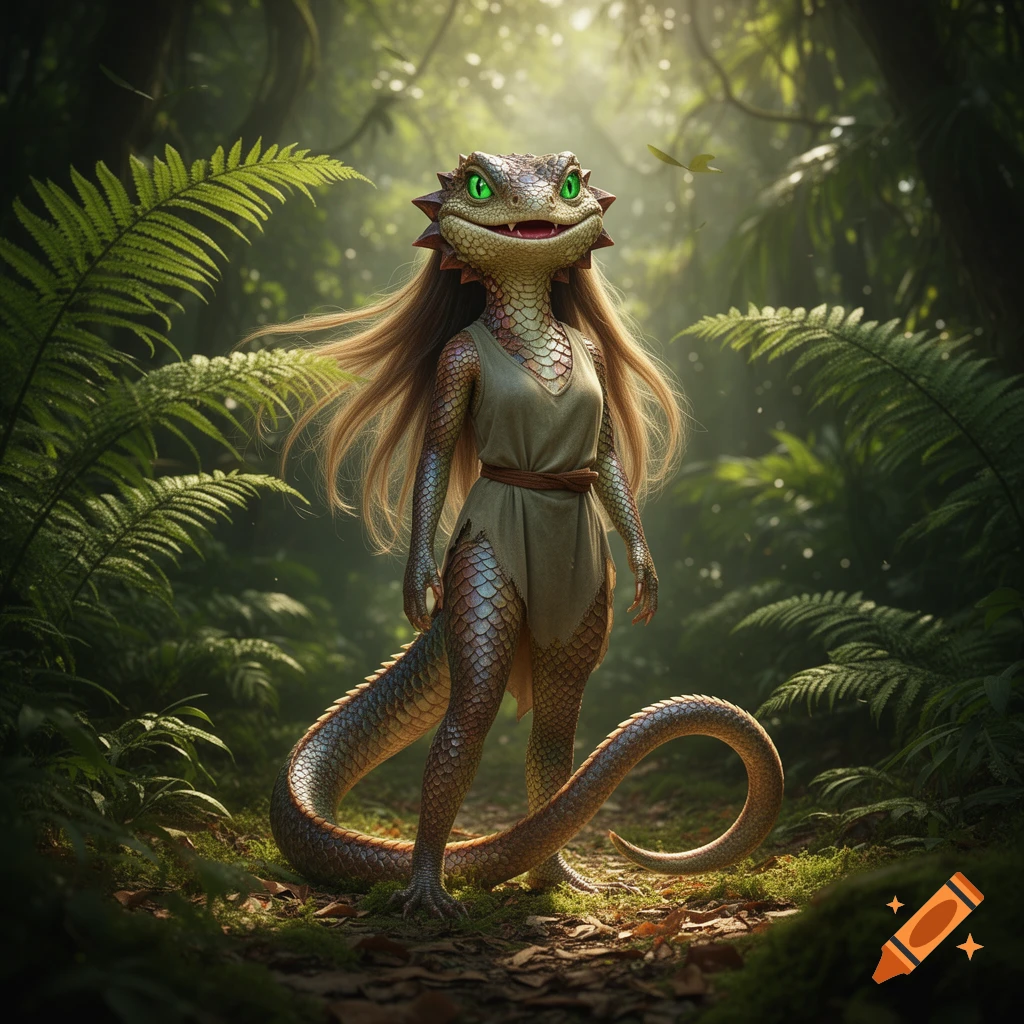 A reptilian humanoid with long brown hair, green eyes, and iridescent scales stands in a lush, sun-dappled jungle.