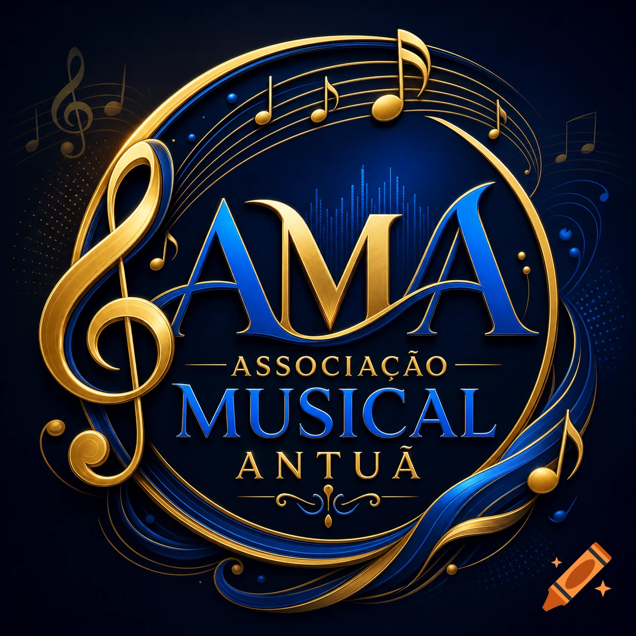 Blue and gold metallic logo for AMA Associação Musical Antuã, featuring a treble clef, musical notes, and ornate flowing lines.