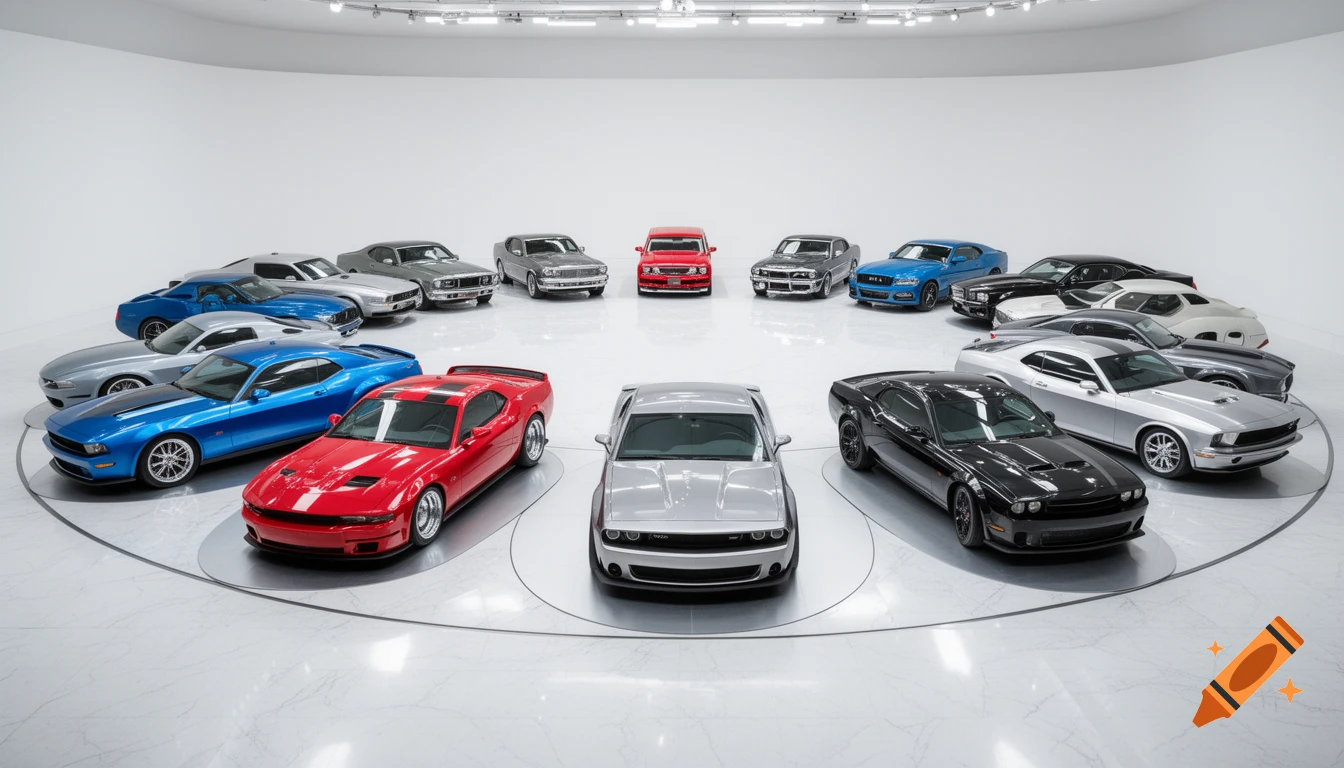 A collection of muscle cars, including red, blue, black, and silver models, arranged in a circular pattern on a white showroom floor.