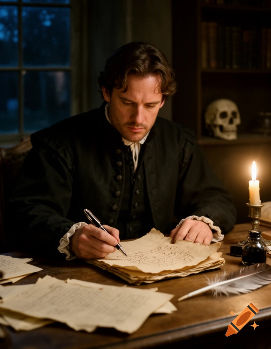 A man in period clothing sits at a desk, deeply focused on writing with a pen on aged paper, lit by a single candle in a dimly lit study.