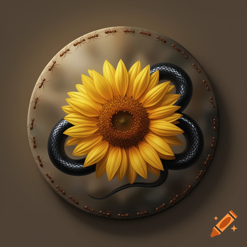 A sunflower centered in a circular frame, with a black snake coiled behind it and a line of ants tracing the circle's edge on a brown background.