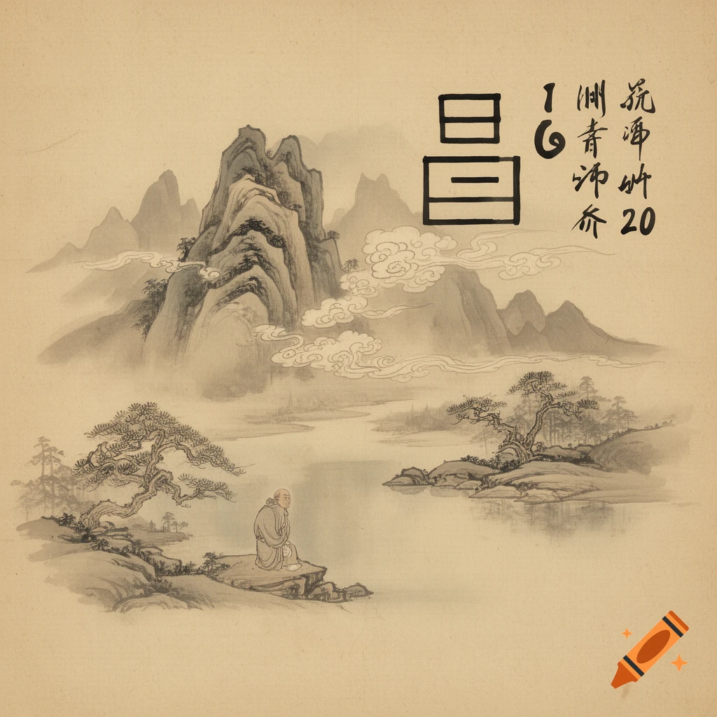 A monk meditates by a tranquil lake surrounded by misty mountains and pine trees, in a classical Chinese ink wash painting style.