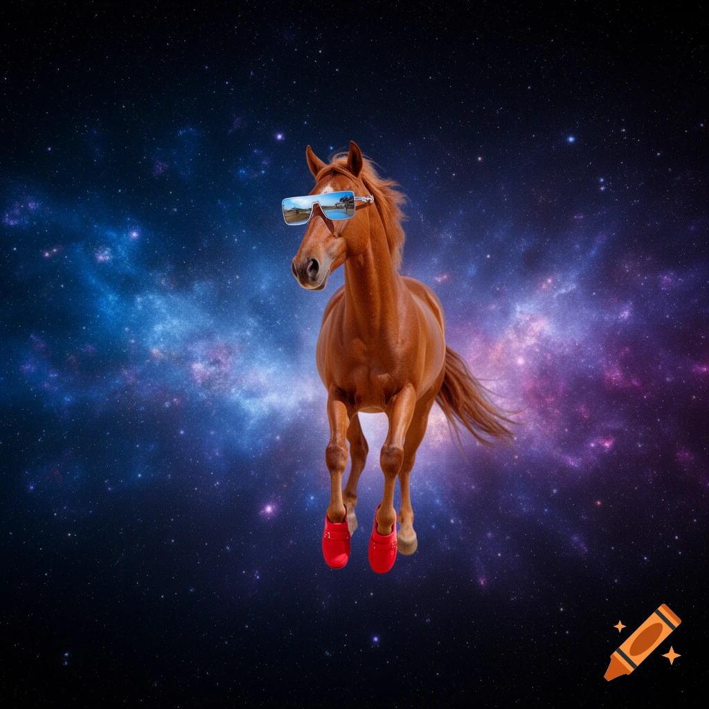 A brown horse wearing reflective sunglasses and red shoes floats in a starry cosmic space.