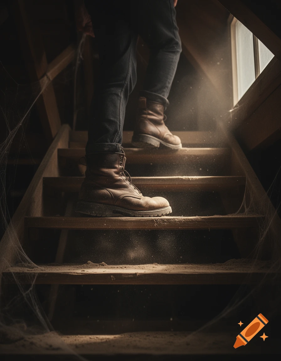 Close-up of a person in brown boots and jeans climbing dusty wooden attic stairs, with light streaming from a window above.