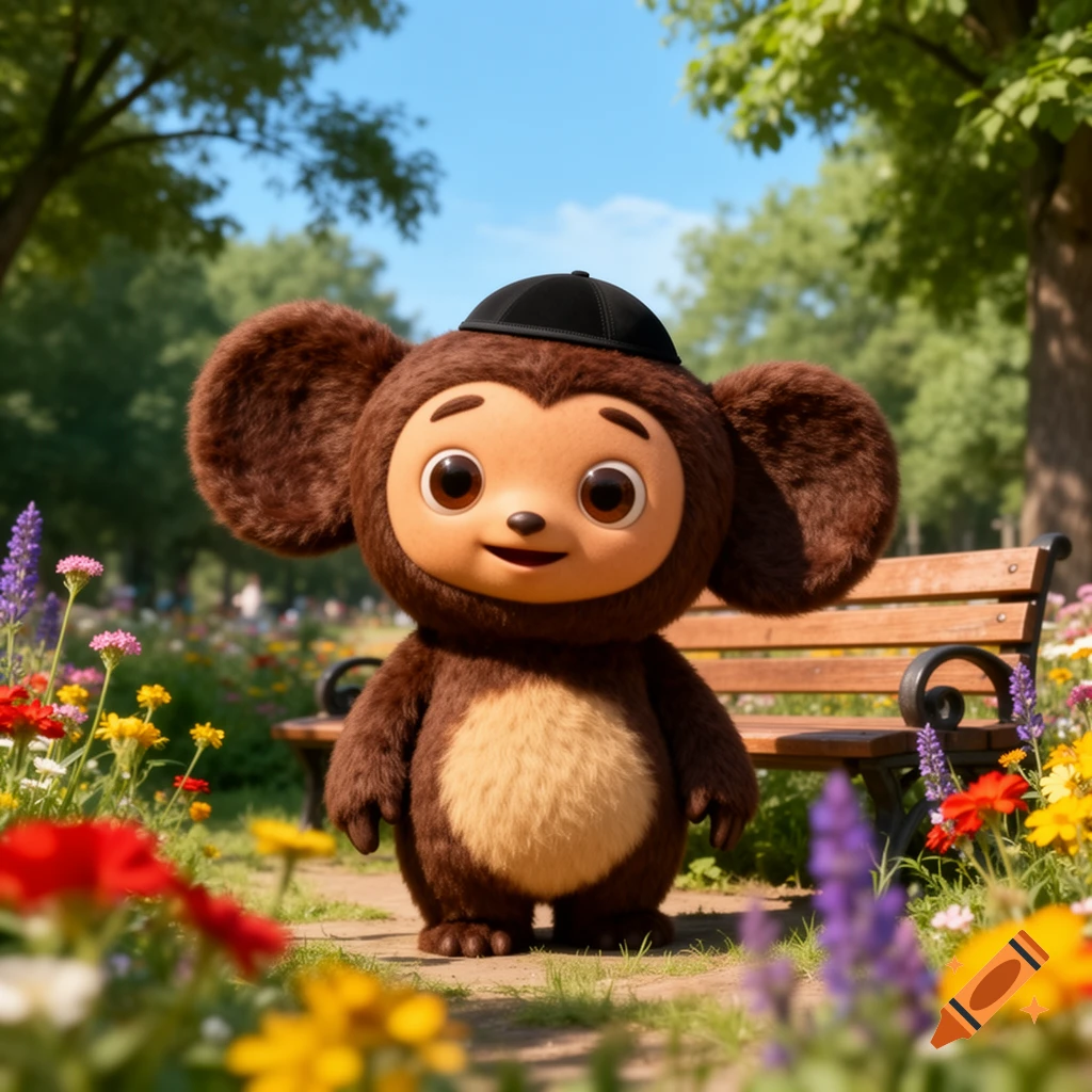 Cheburashka, a brown furry character with big ears and a black yarmulke, stands smiling on a path in a sunlit park filled with colorful flowers.