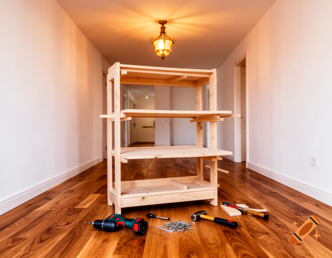 Photorealistic interior shot of a half-built wooden shelf with tools on warm oak wood flooring in a minimalist room with warm amber lighting.