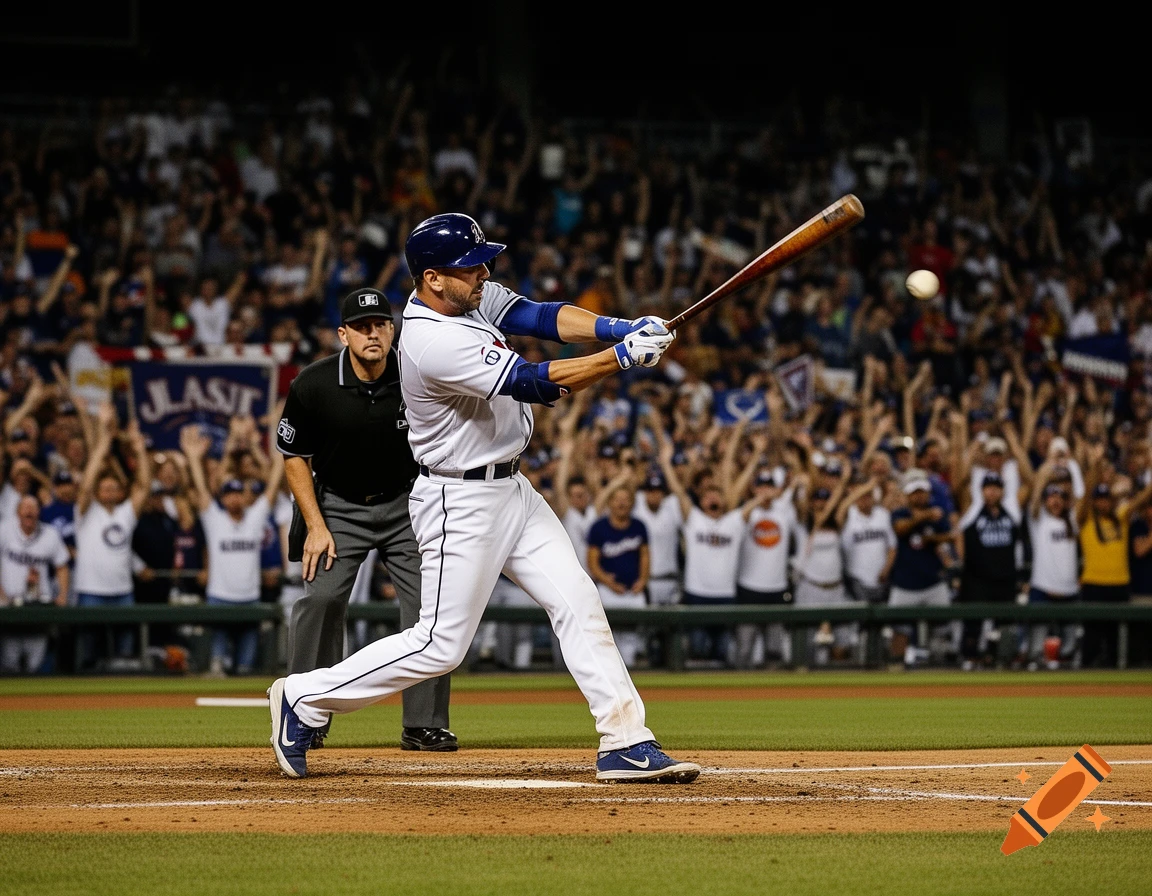A baseball player swings a bat at a ball during a game, with an umpire behind him and a cheering crowd in the background.