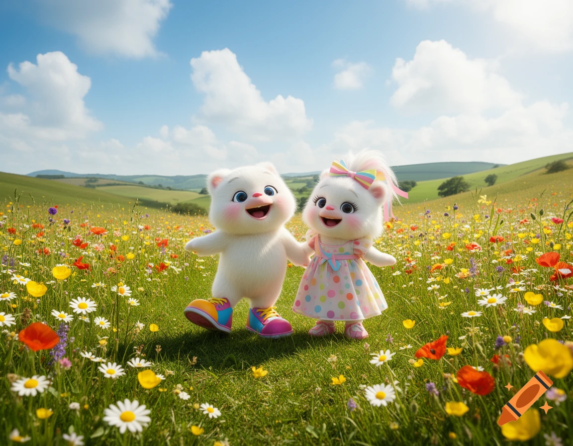 Two adorable fluffy white cartoon characters, wearing colorful clothes, walking hand-in-hand in a vibrant wildflower meadow under a blue sky.
