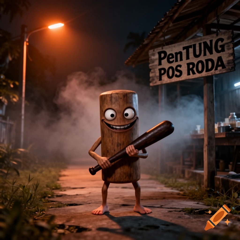A creepy, cartoonish wooden character with big eyes and an uncanny smile holds a baseball bat on a foggy street at night, next to a sign for "PenTUNG POS RODA".