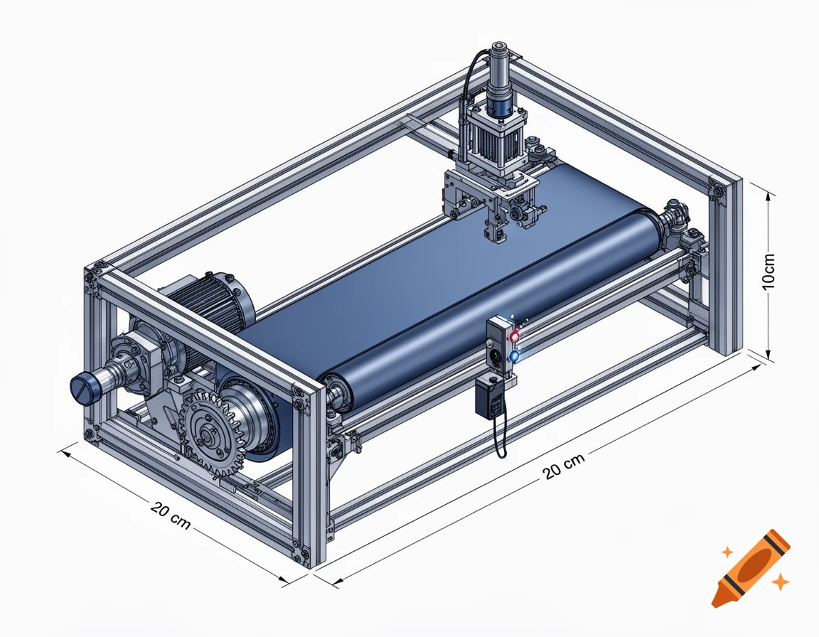 Isometric technical drawing of a conveyor station with a motor, belt, sensor, and processing device in an aluminum frame, with 20x10 cm dimensions.